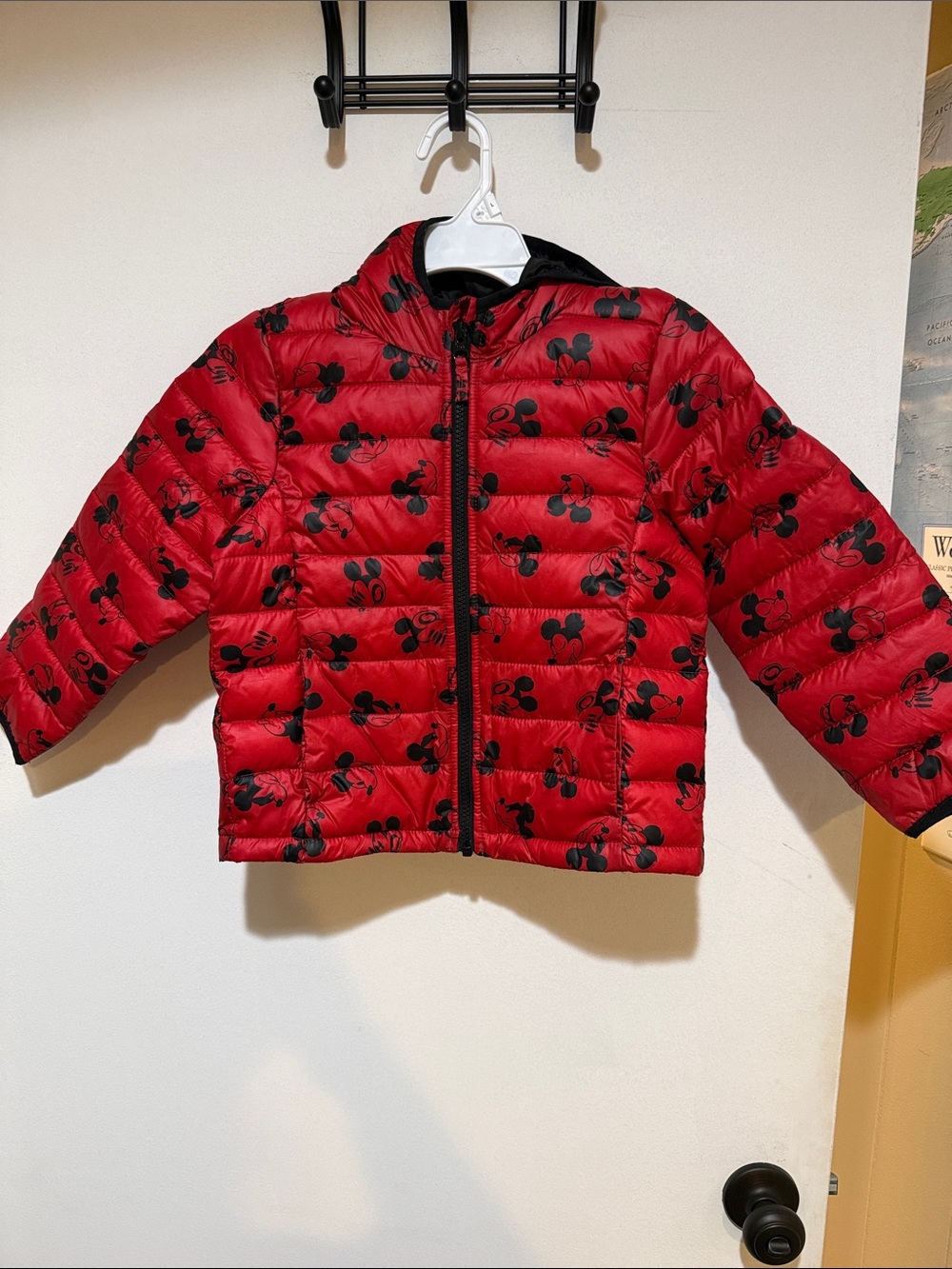 Disney Red Puffer Jacket with Black Mickey Silhouettes